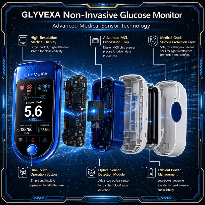 🩺 GLYVEXA™ T7 Non-Invasive Glucose & Health Monitor | 🩸 No Finger Pricks Blood Sugar Monitoring Device | ✅ ADA Licensed Product