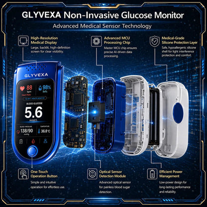 🩺 GLYVEXA™ T7 Non-Invasive Glucose & Health Monitor | 🩸 No Finger Pricks Blood Sugar Monitoring Device | ✅ ADA Licensed Product