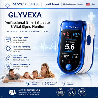 🩺 GLYVEXA™ T7 Non-Invasive Glucose & Health Monitor | 🩸 No Finger Pricks Blood Sugar Monitoring Device | ✅ ADA Licensed Product